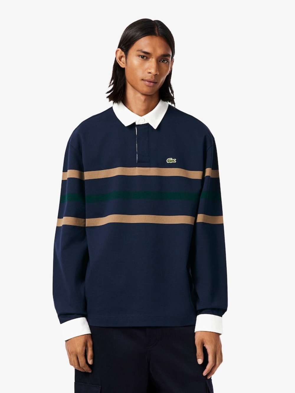 Lacoste Navy Rugby Polo with Tan and Dark Green Stripes